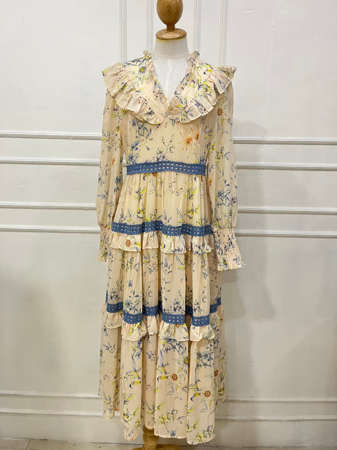 Ladies Vintage Frill Layered V-Neck Long Sleeves Sundress